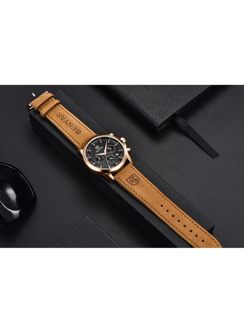 Watches for Men Luxury Quartz Water Resistant Watch Men's Chronograph Genuine Leather Strap 5160 Black