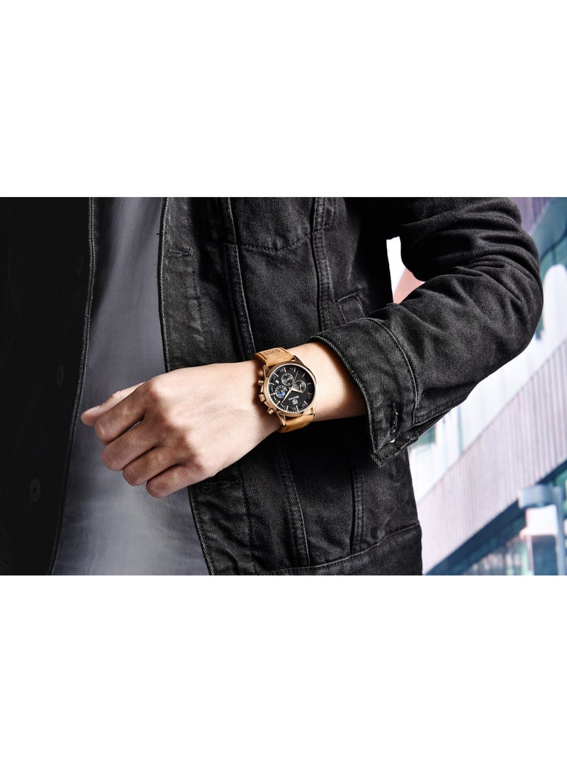 Watches for Men Luxury Quartz Water Resistant Watch Men's Chronograph Genuine Leather Strap 5160 Black