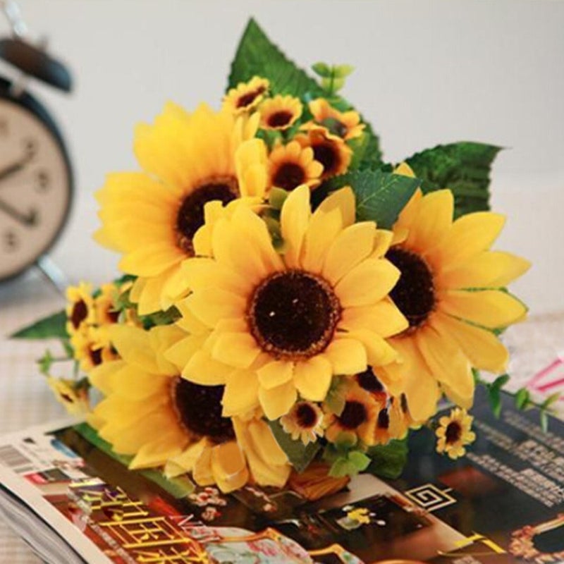 7 Heads Of Artificial Fake Sunflower Flower Yellow 27centimeter