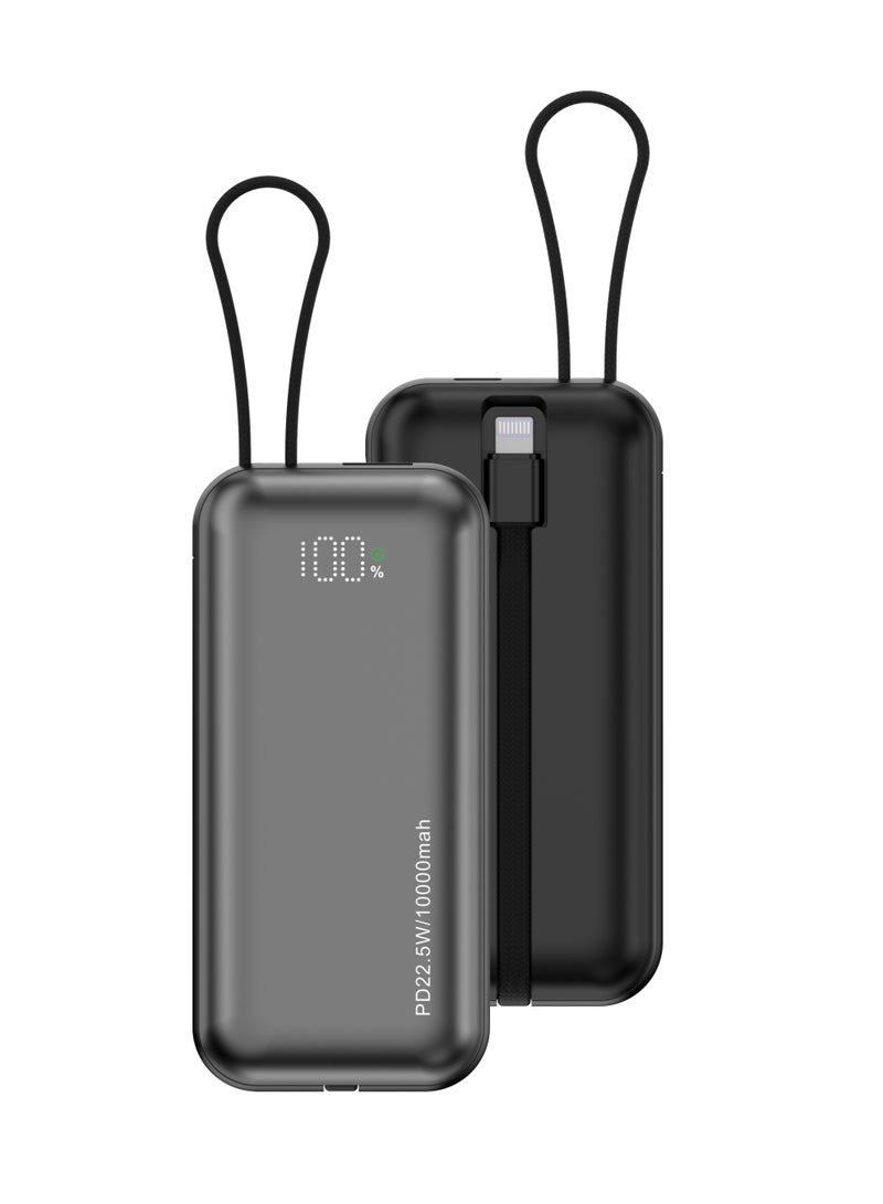 10000mAh Powerbank Dual Built-In Cables Fast Charging - Black