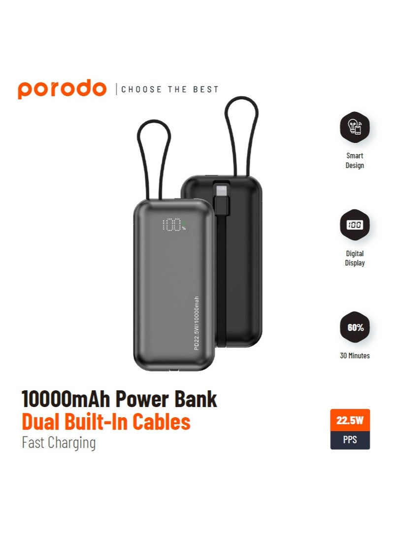 10000mAh Powerbank Dual Built-In Cables Fast Charging - Black