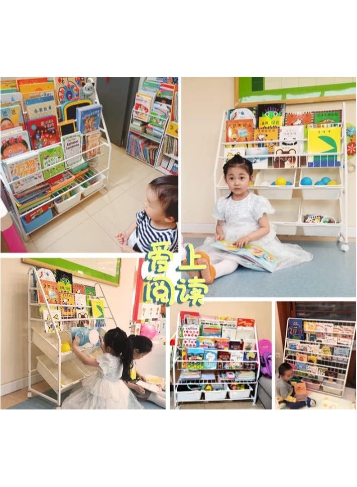 Kid Bookshelf Children's Book Rack Organizer Iron Children's Toy Storage Rack with 2 Storage Box for Playroom Bedroom Living Room