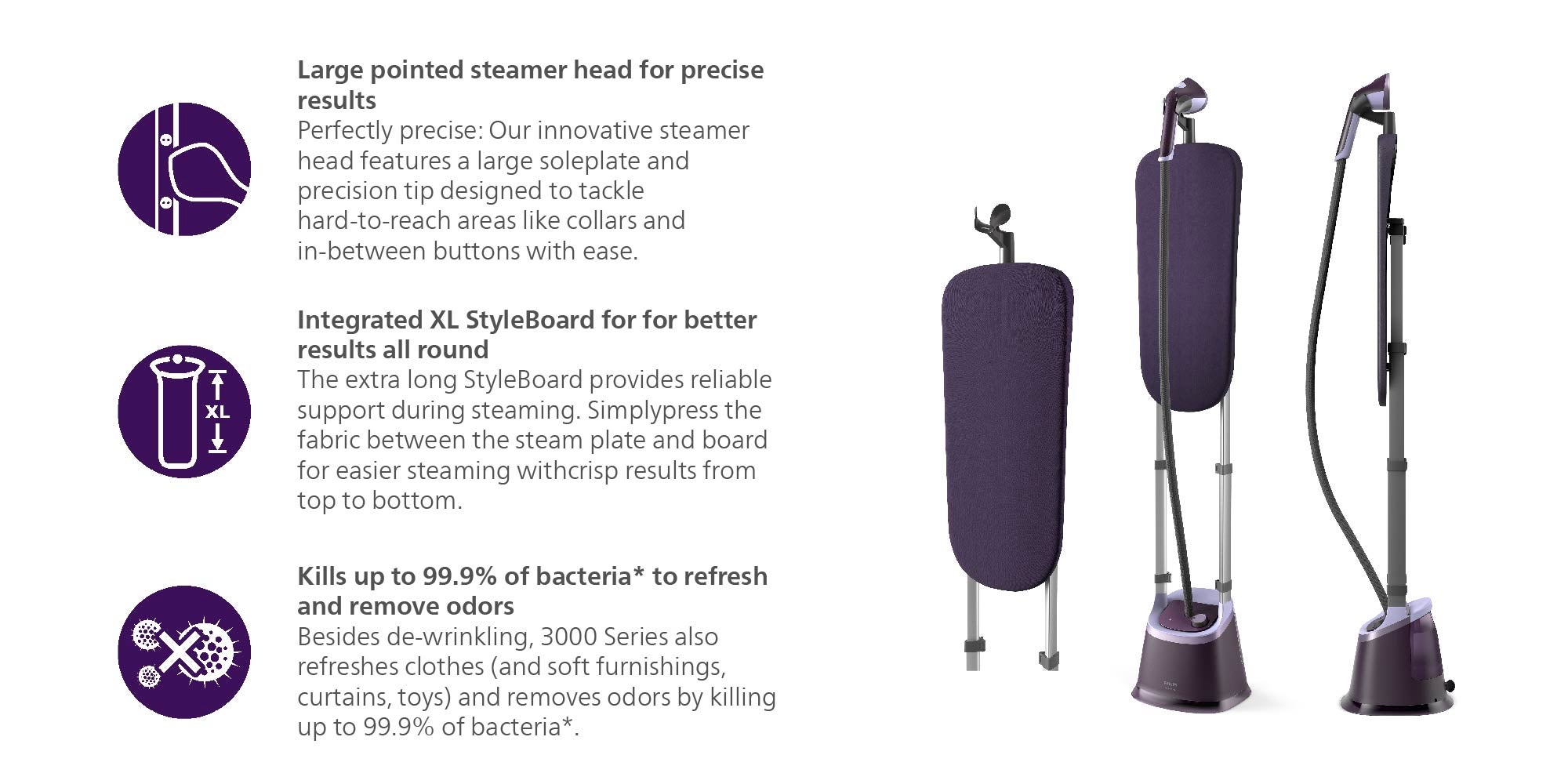 Philips Stand Steamer with XL StyleBoard 3000 Series - MyEssence Fragrance Infuser, 40g/min Continuous Steam, Pointed Steam Plate Tip, 5 Steam Settings 2 L 2000 W STE3180/30 Puple/Silver