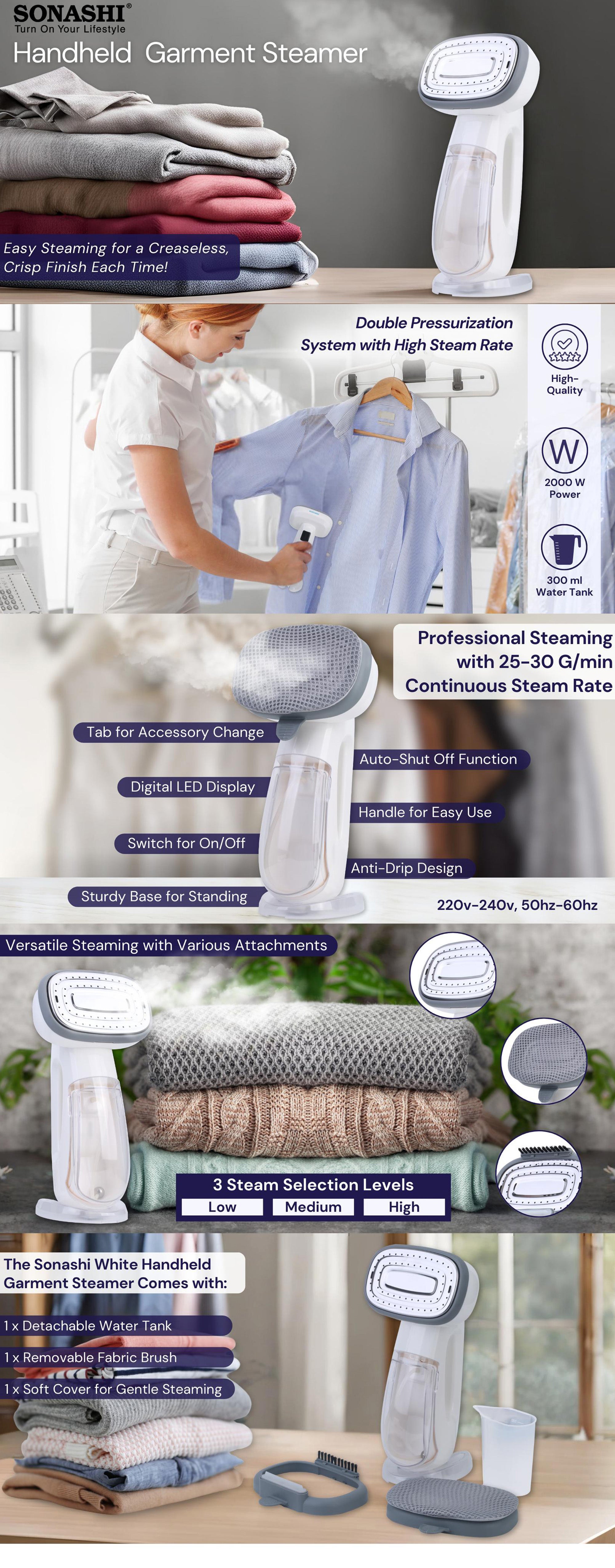 Garment Steamer with Digital LED Display | 3 Level Steams - Low/Medium/High | Continuous Work -30 Min with Auto-Shut Off Function | Detachable Tank Capacity & Removable Fabric Brush 300 ml 2000 W SGS-323 White