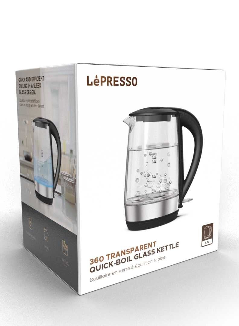 360 Transparent Quick-Boil Glass Kettle 1.7L 2200W / Cordless / Rapid boiling / Sleek Design / Illumination lightning- Black