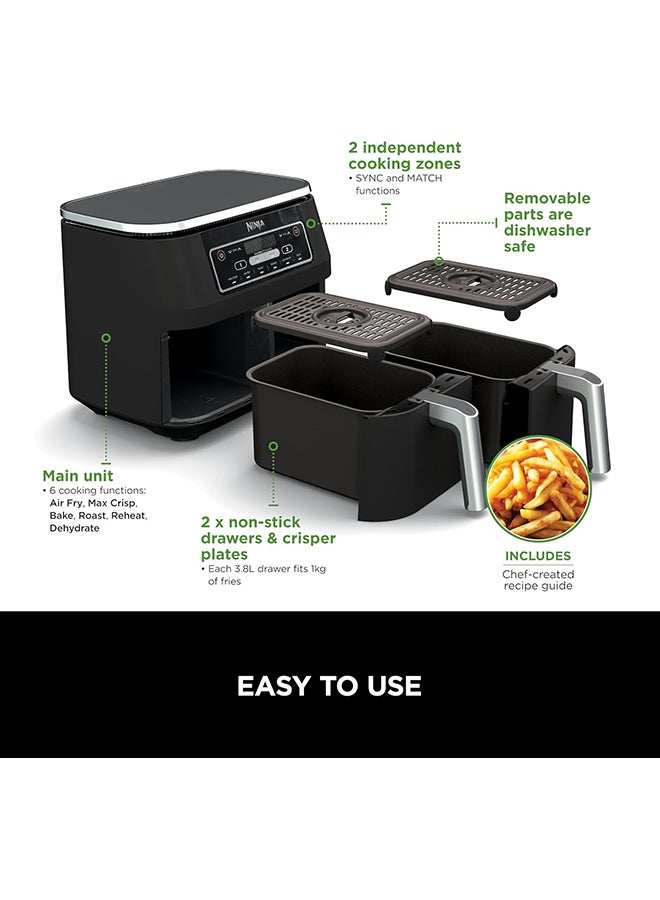 Foodi Dual Zone Digital Air Fryer, 2 Drawers, 7.6L, 6-In-1, Uses No Oil, Air Fry, Max Crisp, Roast, Bake, Reheat, Dehydrate, Cooks 4-6 Portions, Non-Stick, Dishwasher Safe Baskets 7.6 L 2470 W AF300ME/AF300EU Black