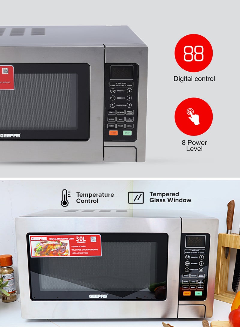 Digital Microwave Oven | Ideal For Grilling-Roasting-Heating 30 L 1000 W GMO1897 Silver & Black