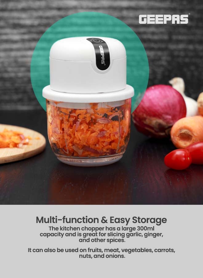 Wireless Mini Food Chopper - Portable Food Cutter Mincer for Dicing, Ginger, Chili, Fruits, Onions, Vegetable | Stainless Steel Blades, LED Indication,USB Rechargeable And Portable 300 ML | 2 Years Warranty 300 ml 30 W GMC42022 White/Clear