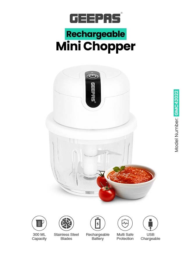 Wireless Mini Food Chopper - Portable Food Cutter Mincer for Dicing, Ginger, Chili, Fruits, Onions, Vegetable | Stainless Steel Blades, LED Indication,USB Rechargeable And Portable 300 ML | 2 Years Warranty 300 ml 30 W GMC42022 White/Clear