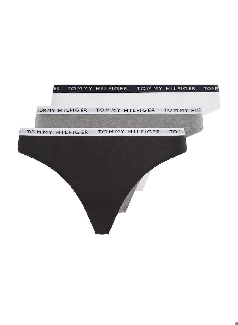 Women's 3-Pack Logo Waistband Thongs Underwear Bottoms, Grey/ White/ Black