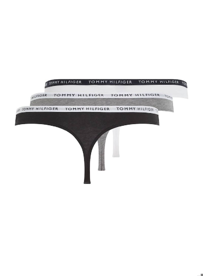 Women's 3-Pack Logo Waistband Thongs Underwear Bottoms, Grey/ White/ Black