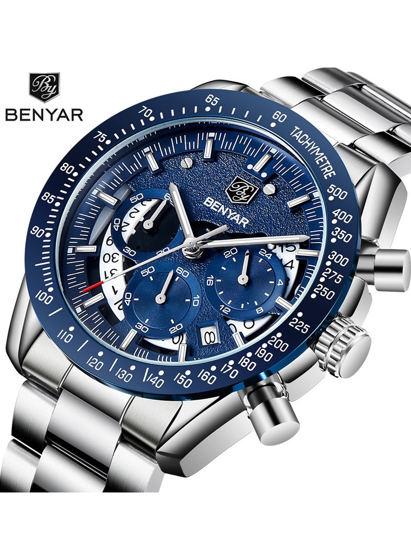 Watches for Men Watch Quartz Luxury Stainless Steel Water Resistant Chronograph Watch 5120 Silver