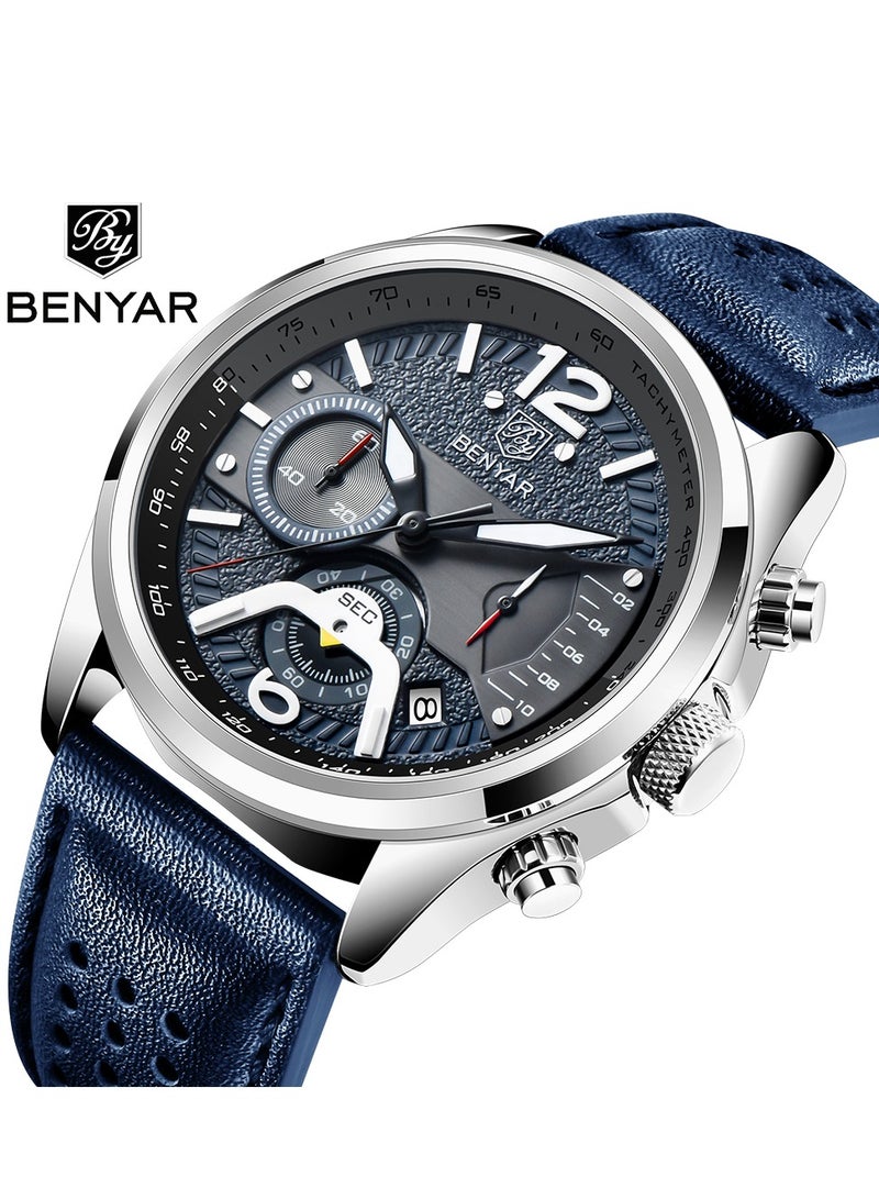 Watches for Men Luxury Quartz Water Resistant Watch Men's Chronograph Genuine Leather Strap 5171 Blue