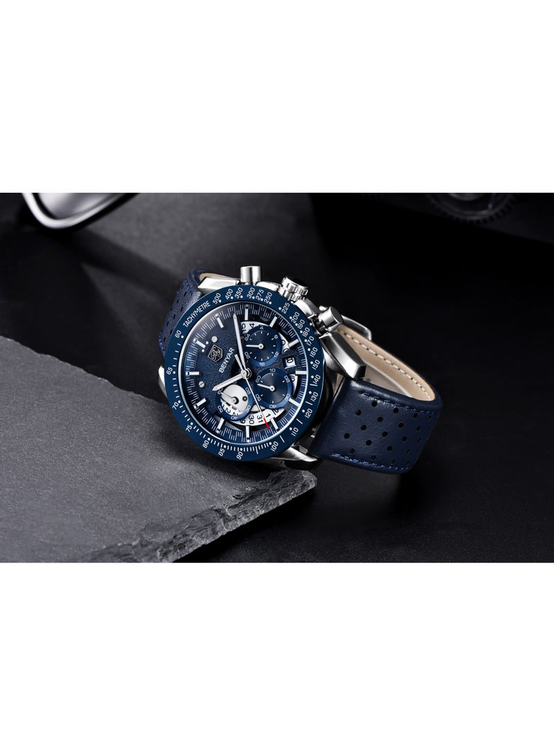 Watches for Men Luxury Quartz Water Resistant Watch Men's Chronograph Genuine Leather Strap 5120BU