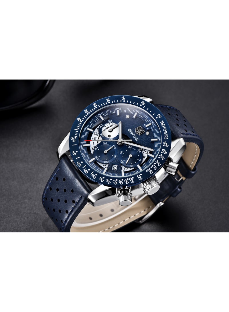 Watches for Men Luxury Quartz Water Resistant Watch Men's Chronograph Genuine Leather Strap 5120BU