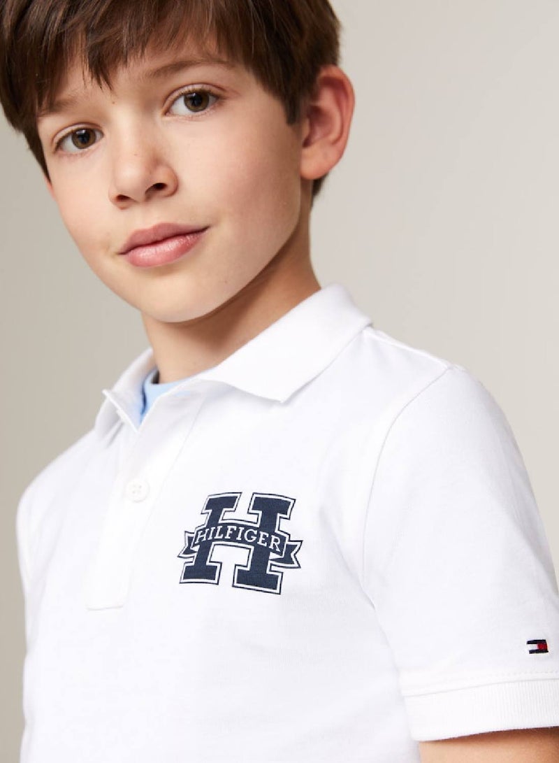 Boys' Regular Fit Varsity Letter Polo -  Pure cotton, White