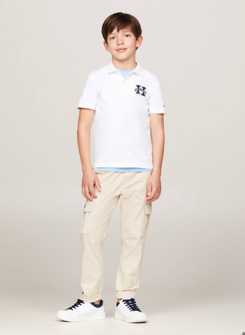 Boys' Regular Fit Varsity Letter Polo -  Pure cotton, White