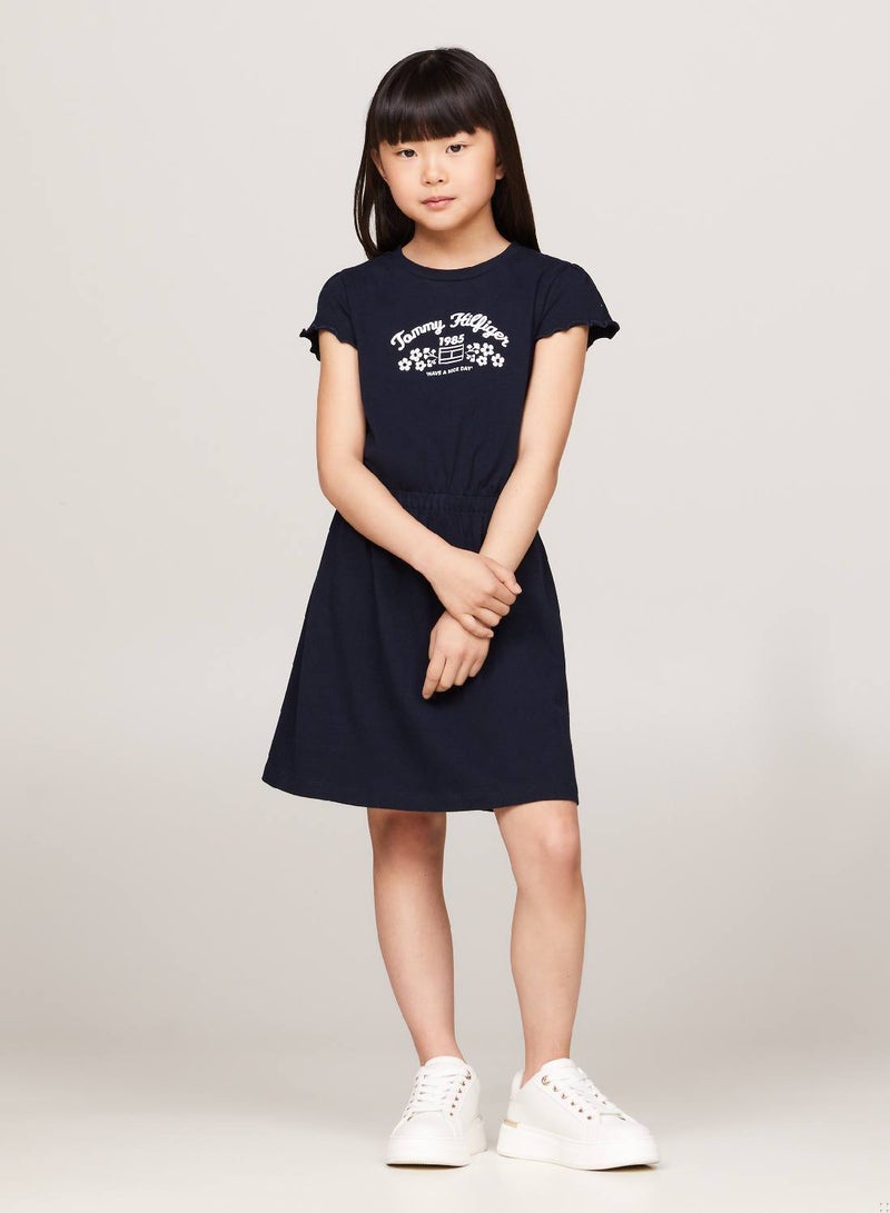 Girls' Flower Fit Flare Dress - Cotton, Blue