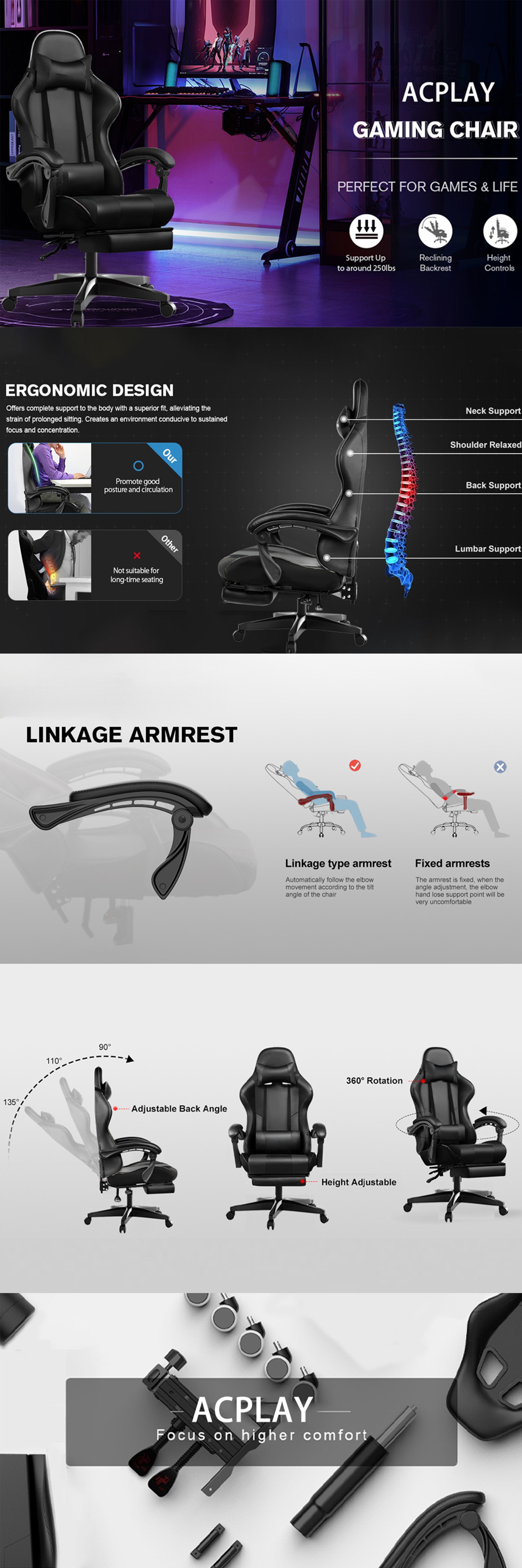High Back Gaming Chair,High Quality Ergonomic PC Computer Chair,Adjustable Swivel, Headrest & Lumbar Support,Ideal for Office,Computer & Gaming