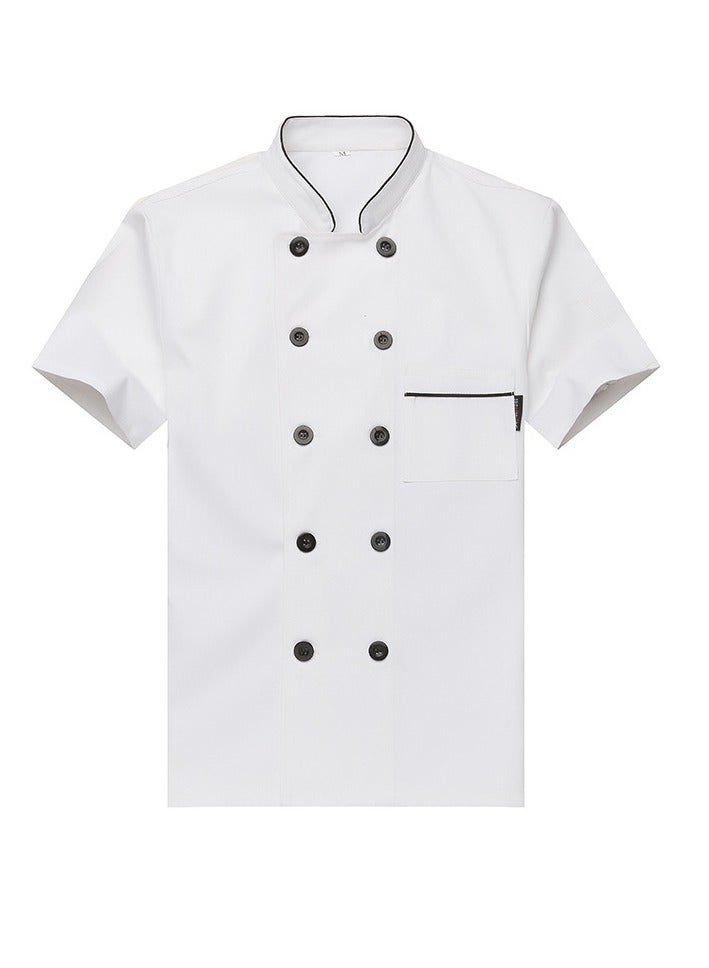 Summer Short Sleeve Chef Uniform Double-Breasted Stand Collar Waiter T-shirt White