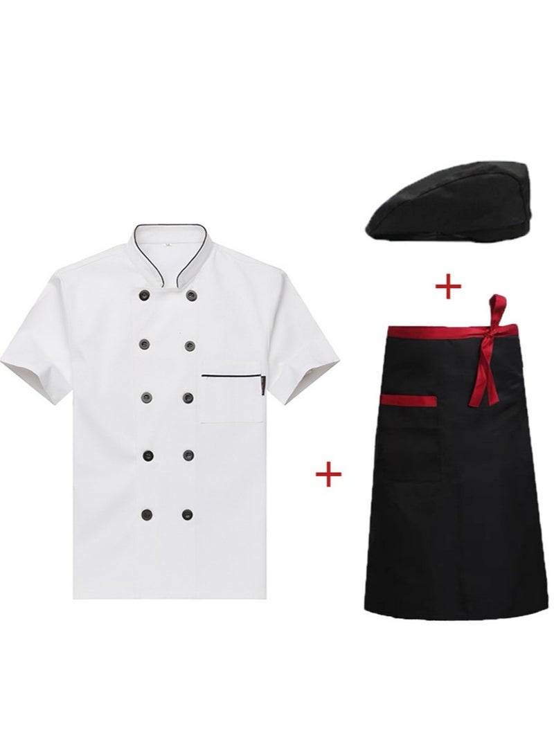 Chef Uniform Apron Suit Short Sleeves with a Hat Suitable For Hotel Western Restaurant White