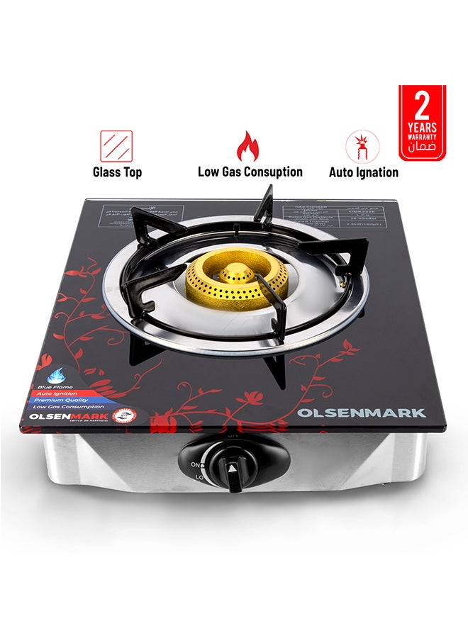 Gas Cooker Glass Top Single Brass Burner with Enamel Grate and Stainless-Steel Drip Pan, Low Energy Consumption and Efficient, Auto Ignition System OMK2226Z Black/Silver/Red