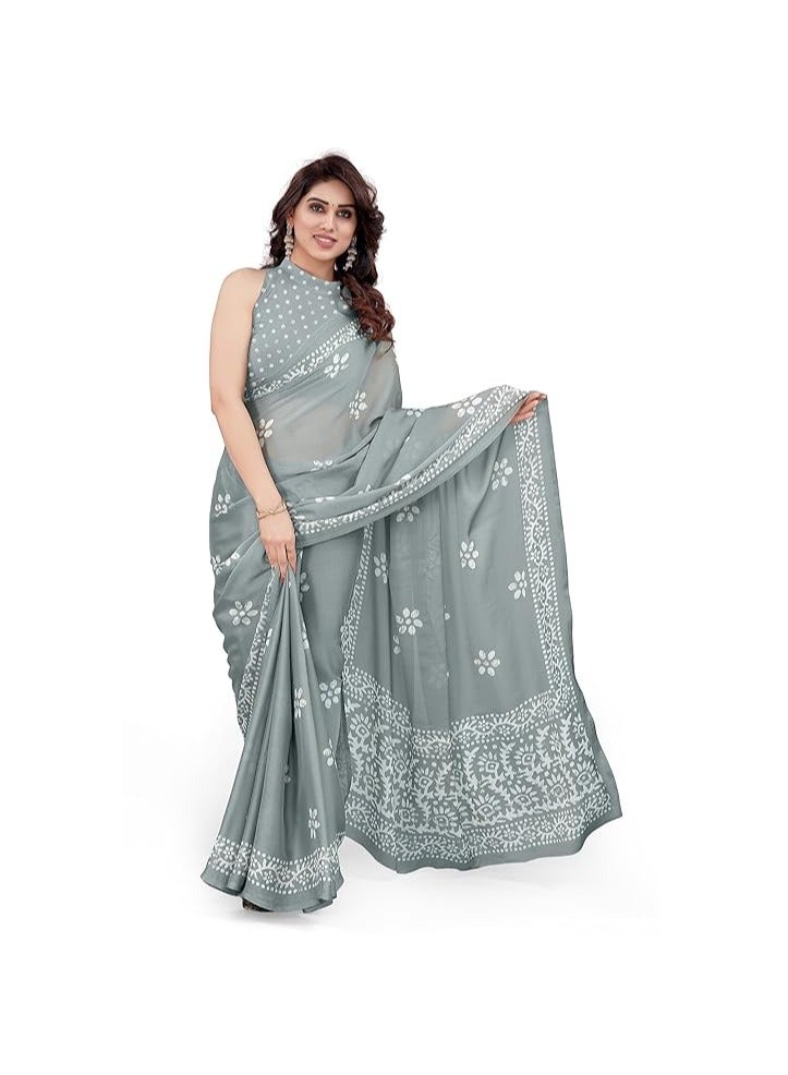 Women's Latest Chiffon Batik Printed Saree with Blouse Piece