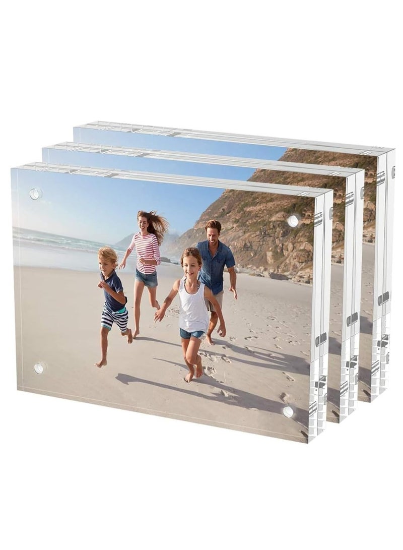 5x7 Acrylic Picture Frames 3 Pack, Thicker Block, Freestanding Double Sided Magnetic Acrylic Frameless Transparent Square Frame for Desktop Display