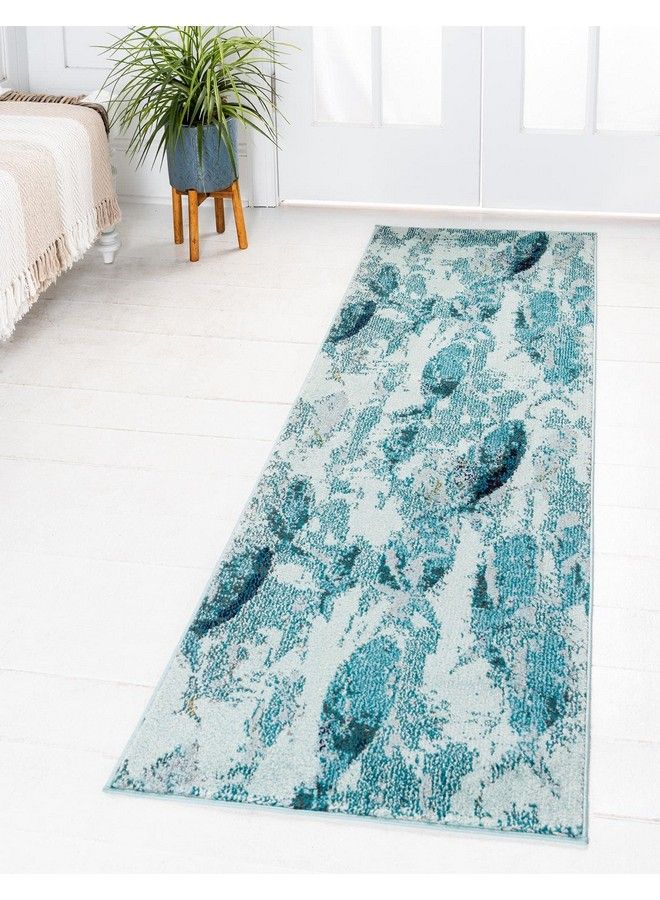 Positano Collection Coastal Modern Fish Light Blue Runner Rug (3' X 10')