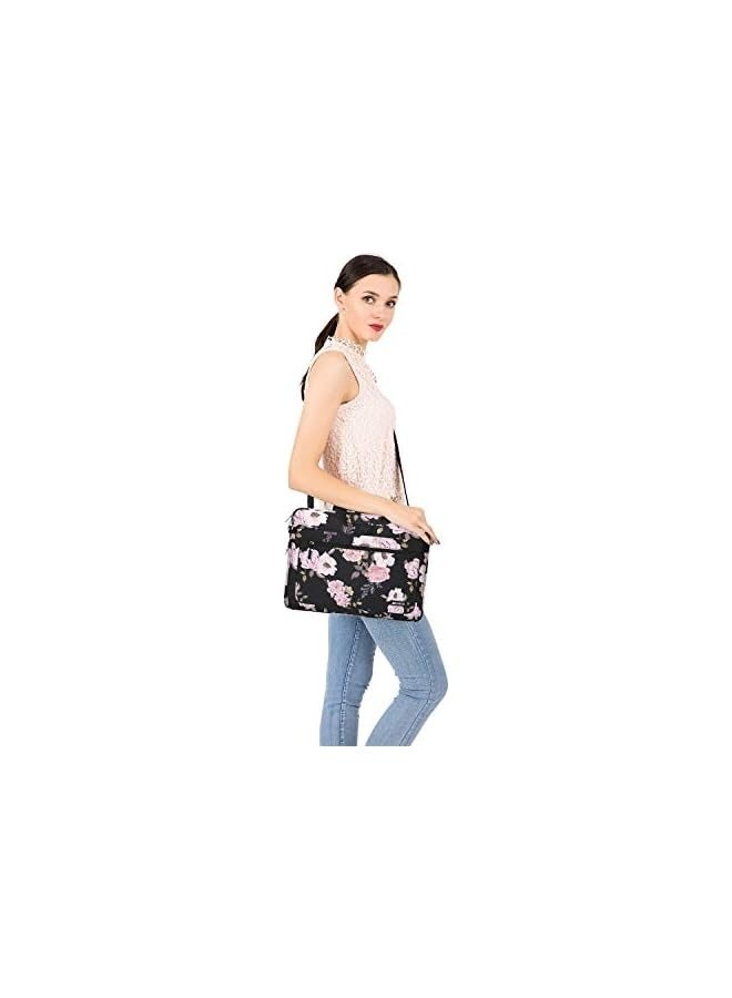 Laptop Shoulder Bag Polyester Peony Messenger Carrying Briefcase Sleeve with Adjustable Depth at Bottom