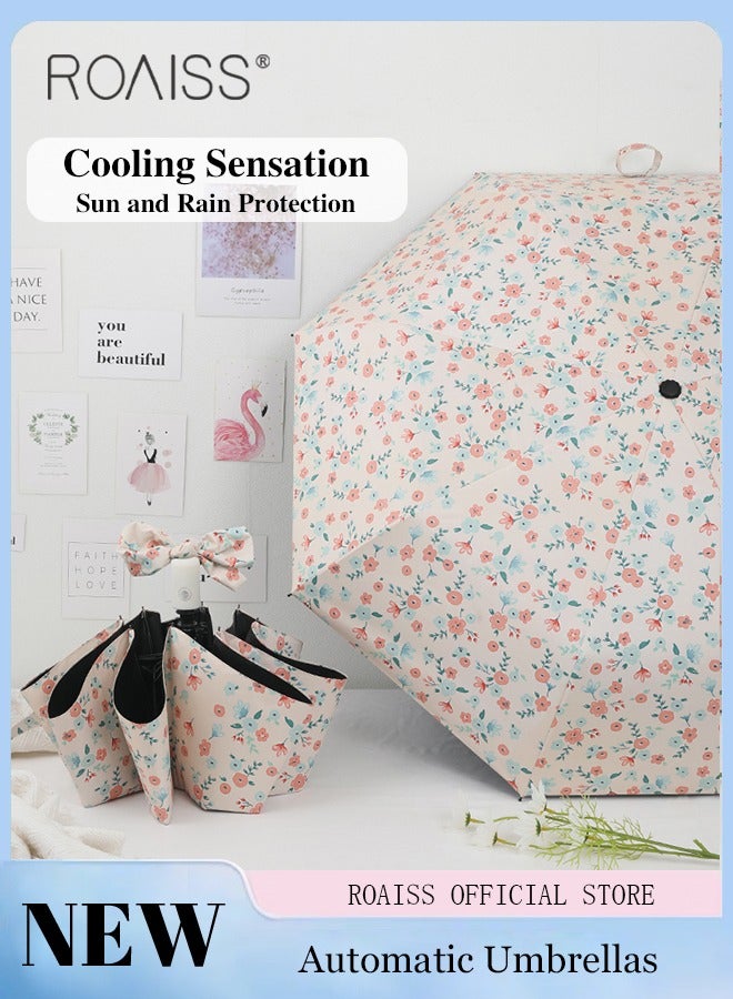 Full Automatic Umbrella Unisex Rain and Shine Dual Use 8 Rib Reinforced Thickened Portable Arc Umbrella for UV Protection Rain Resistant and Windproof Parasol with Cute Flowers Print