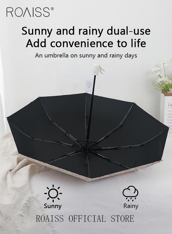 Full Automatic Umbrella Unisex Rain and Shine Dual Use 8 Rib Reinforced Thickened Portable Arc Umbrella for UV Protection Rain Resistant and Windproof Parasol with Cute Flowers Print