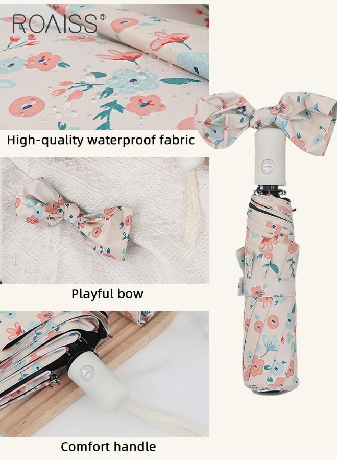 Full Automatic Umbrella Unisex Rain and Shine Dual Use 8 Rib Reinforced Thickened Portable Arc Umbrella for UV Protection Rain Resistant and Windproof Parasol with Cute Flowers Print