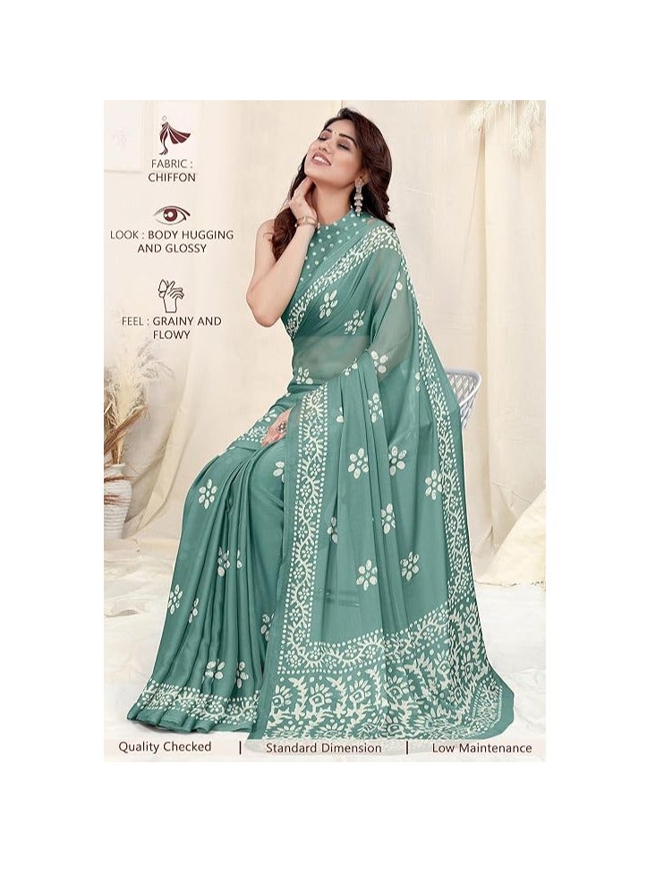 Women's Latest Chiffon Batik Printed Saree with Blouse Piece