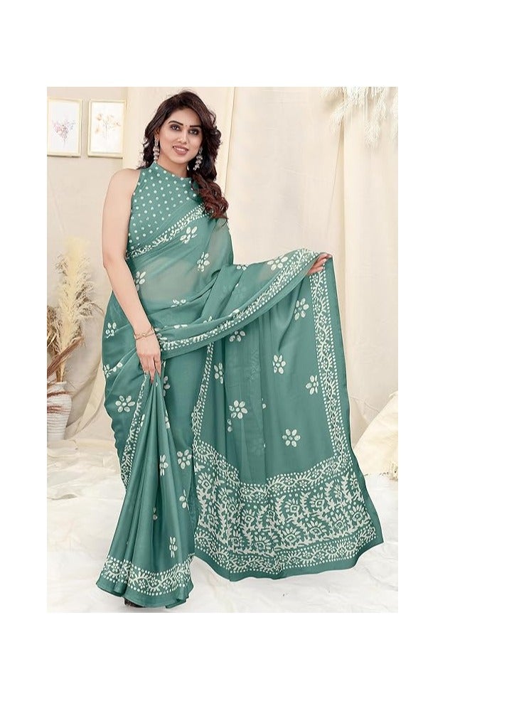Women's Latest Chiffon Batik Printed Saree with Blouse Piece