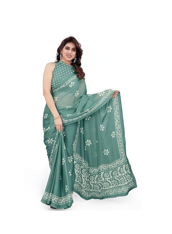 Women's Latest Chiffon Batik Printed Saree with Blouse Piece