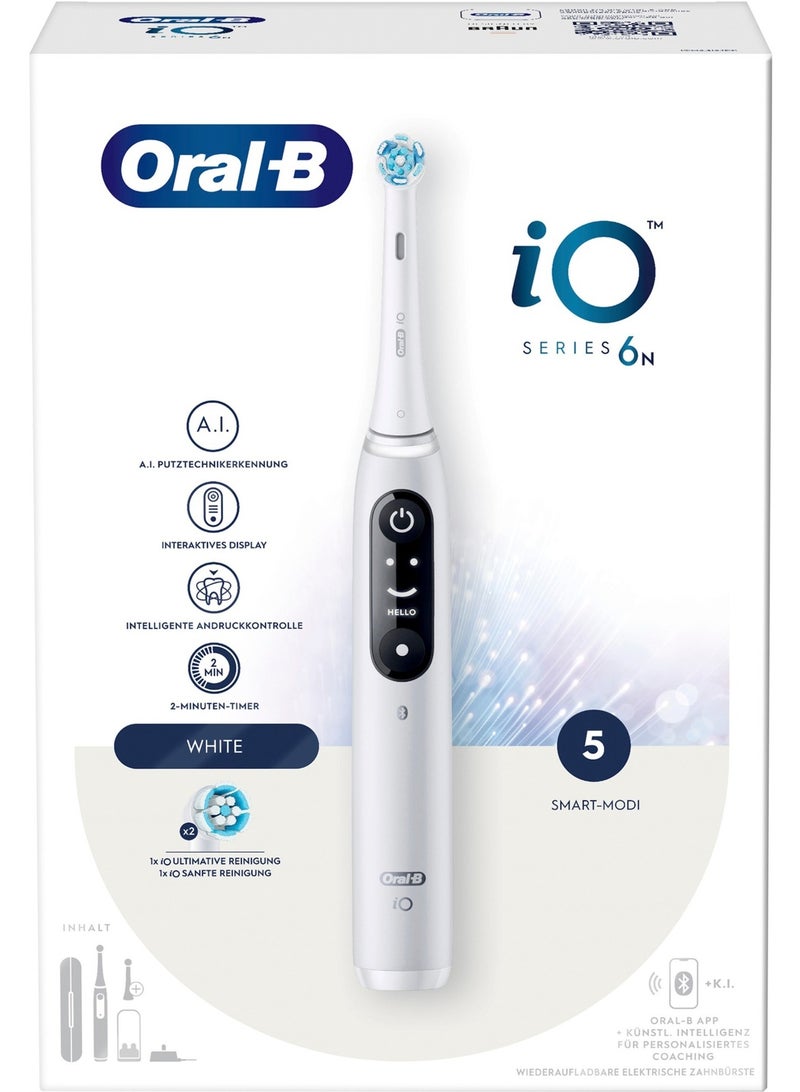 Oral B iO6 Series 6N Electric Rechargeable Toothbrush, Built with AI, Optimal Pressure Control, LED Interface, Bluetooth Connectivity, 5 Personalized Brush Modes – White