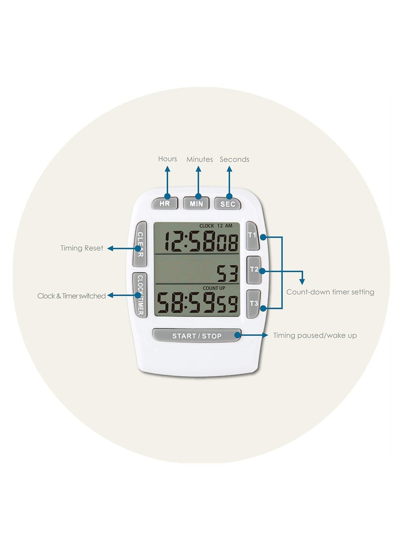 Digital Timer with Loud Buzzer and Magnetic Design for Kitchen Cooking Meetings and Studying White