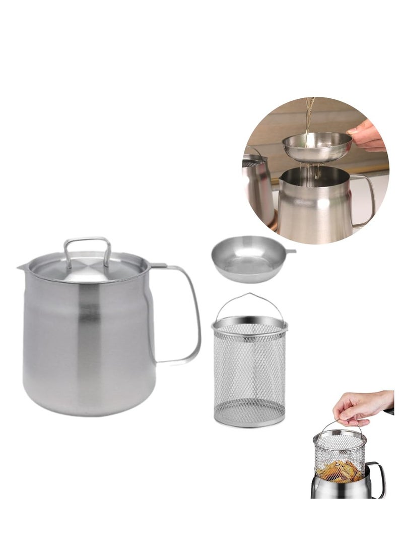 Stainless Steel Oil Filter Pot, 50oz Grease Container with Fine Mesh Strainer, 304 Stainless Steel, Large Capacity, Versatile Oil Filter Vessel, Multi-Function Frying Net Tank for Kitchen/Camping