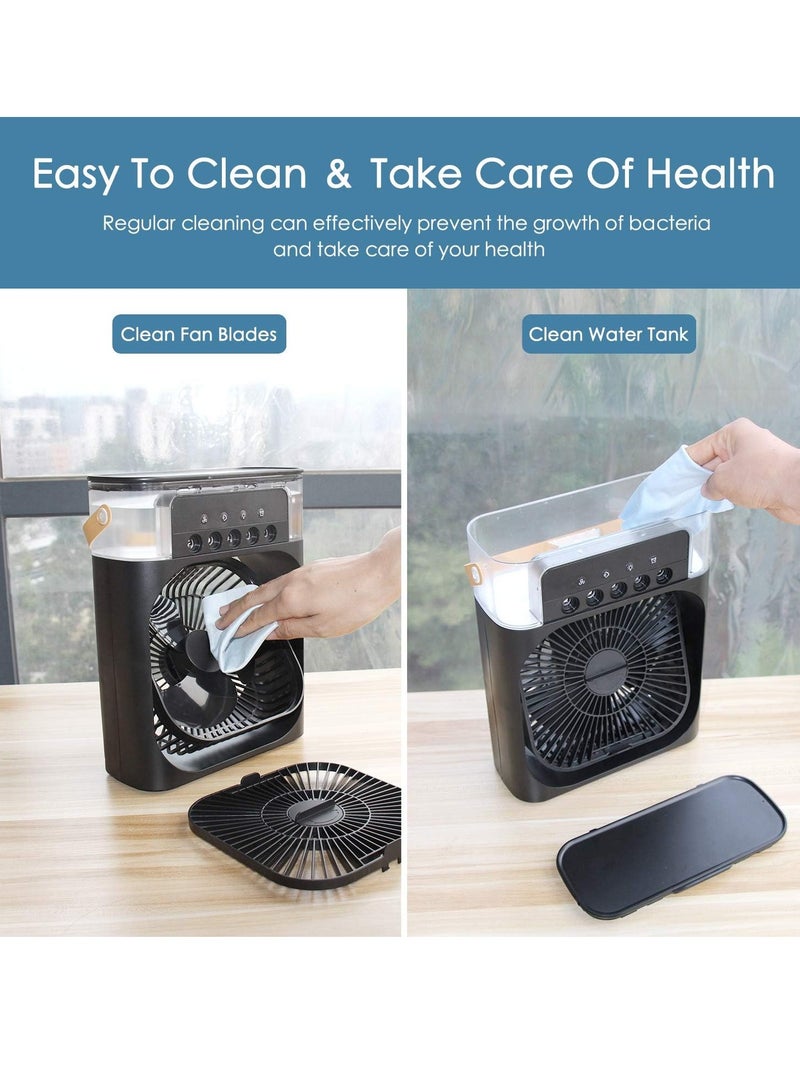 Air Cooler Fan with Mist Humidifier Portable AC Quiet Personal Air Cooler with 7 Colors LED Light USB Powered Mini Desktop Cooling Misting Fan 3 Wind Speeds 3 Spray Modes Cooler Fan for Office Home