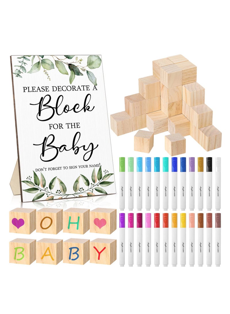 75 Pcs Baby Shower Block Games Sign Kit Including Decorate a Block Game Sign 50 DIY Blank Wooden Block 24 Acrylic Marker Baby Shower Block Game for Guests Party Decoration