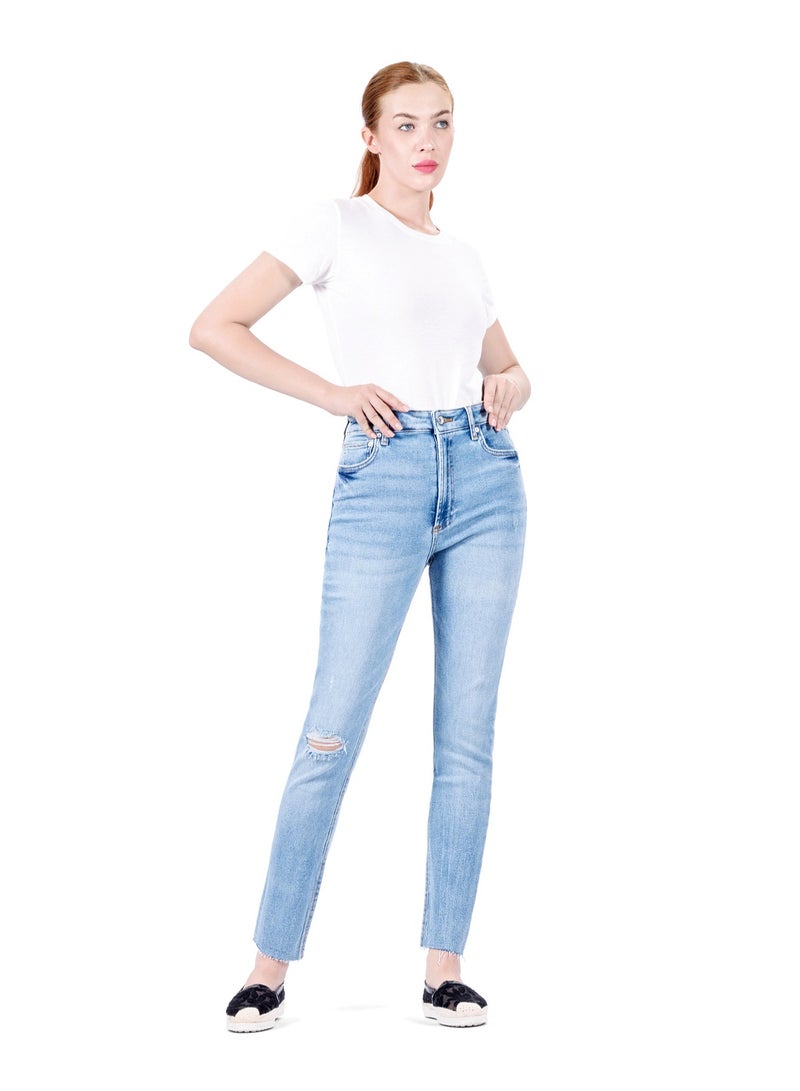 Web Denim Women's High Waist Skinny Jeans - Stretch Denim, Knee Rip, Cut Hem, Slim Fit Pants