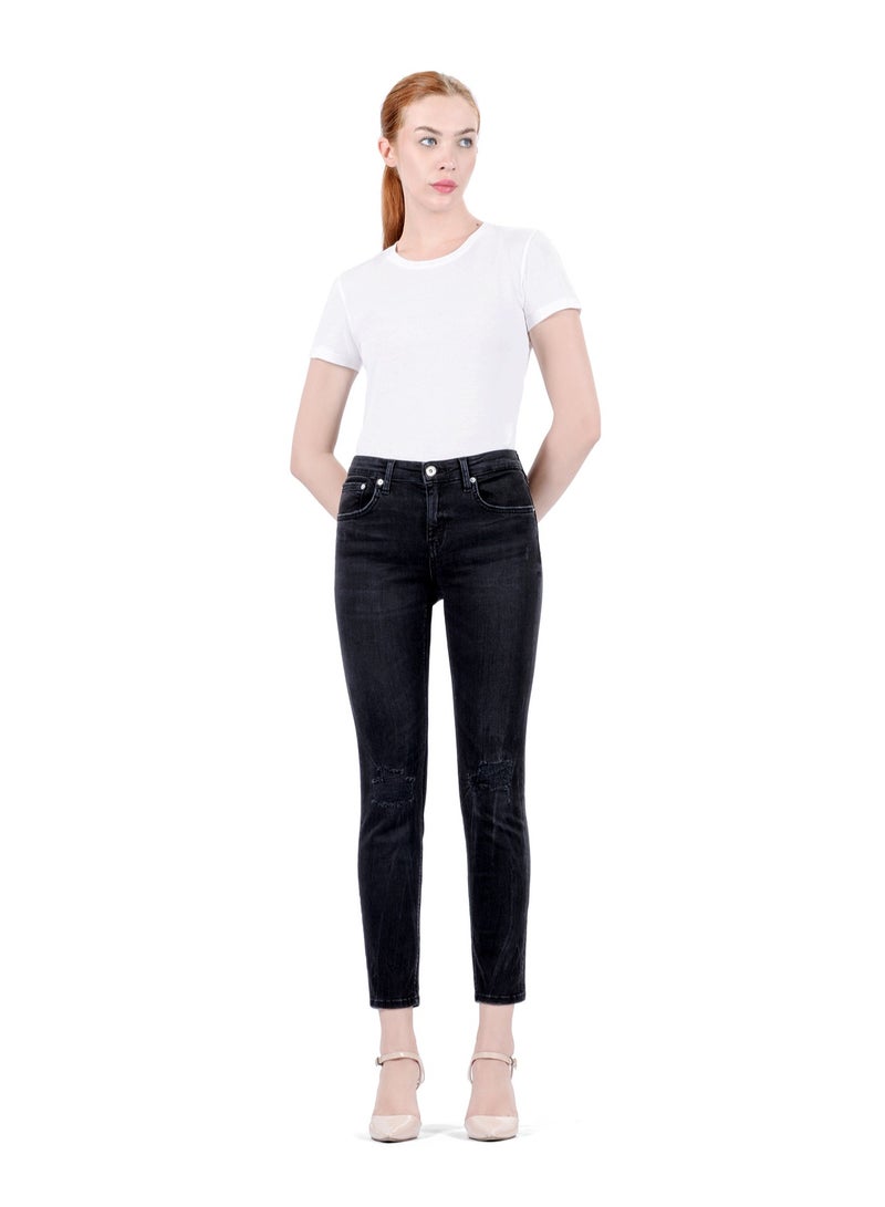 Web Denim Women's Mid Rise Skinny Jeans - Knee Rip Stretchable Denim Pants