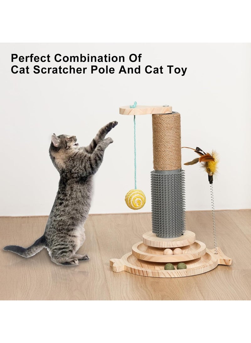 Cat Scratching Post, Cat Ball Track Toy, Cat Scratcher with Wooden Ball Track, Catnip Teaser Stick Interactive Pet Cat Toy, Vertical Scratcher for Indoor Cats and Kittens Cat Scratching Posts