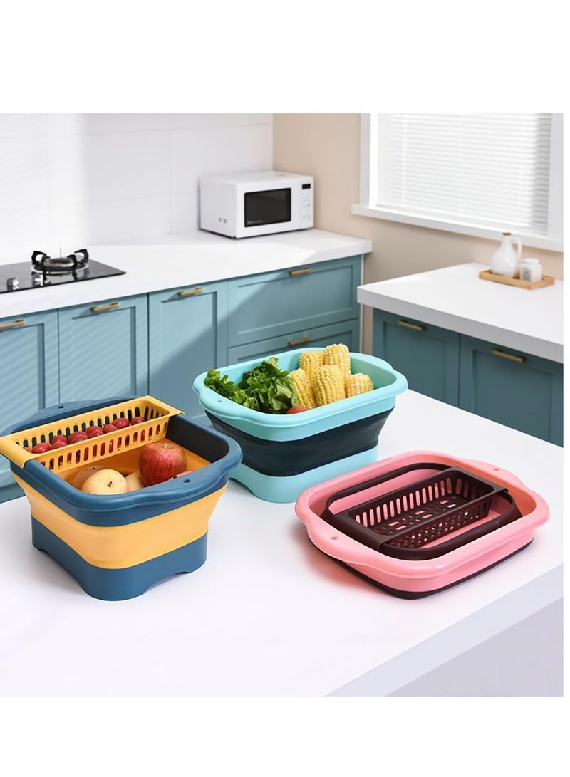 Dish Basin with Drain Plug and Drainage Rack, Collapsible Multiuse Sink Tub Dishpan, 11L Portable Foldable Kitchen Storage Tray for Vegetable Washing Outdoor Camping RV (Green)