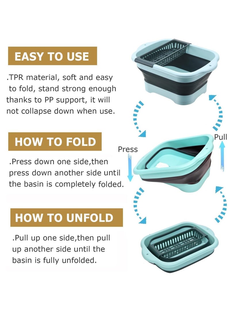 Dish Basin with Drain Plug and Drainage Rack, Collapsible Multiuse Sink Tub Dishpan, 11L Portable Foldable Kitchen Storage Tray for Vegetable Washing Outdoor Camping RV (Green)