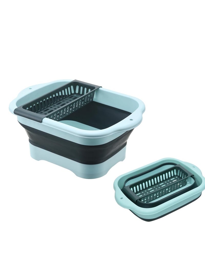 Dish Basin with Drain Plug and Drainage Rack, Collapsible Multiuse Sink Tub Dishpan, 11L Portable Foldable Kitchen Storage Tray for Vegetable Washing Outdoor Camping RV (Green)