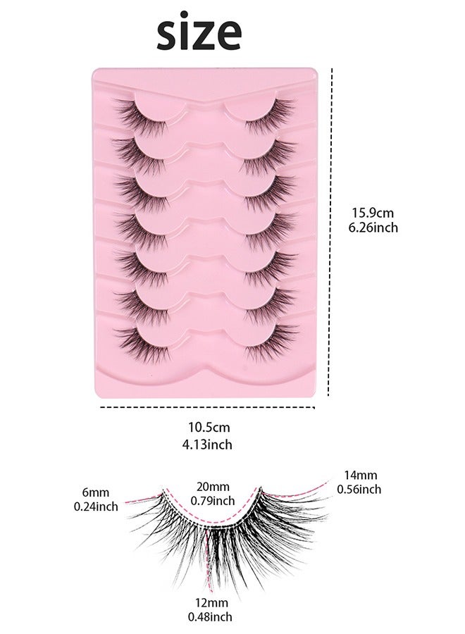 Half Lashes Natural Look Wispy Soft Strip Mink Eyelashes Cat Eye 3D Curl Short False Lashes 7 Pairs, False Eyelashes with Clear Terrier, Reusable Fake Eyelashes, Ideal for Girls and Women Daily Use