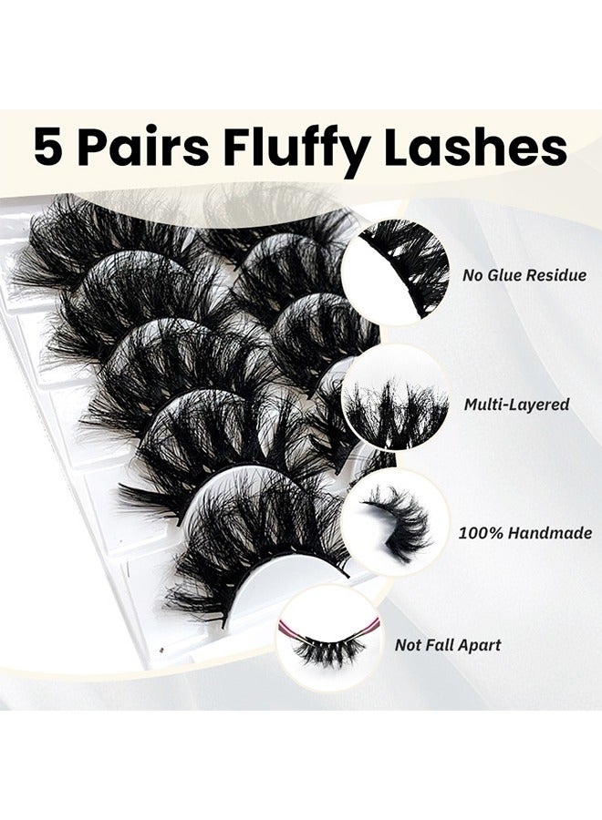 5 Pairs False Eyelashes, Exaggerated Dense Imitation Mink False Eyelashes, Fluffy Messy Long Thick Faux False Eyelashes, Soft Curly Lashes, Dramatic Reusable Self Adhesive Fake Lashes Make up