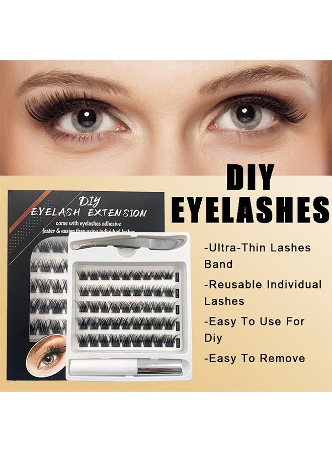 False Eyelashes Set, Segmented Eyelashes Single Cluster False Eyelashes, Diy Fake Eyelash Extension, Individual Lashes Cluster Lashes, Self Adhesive Lashes with Eyelash Glue and Tweezers, Black ﻿